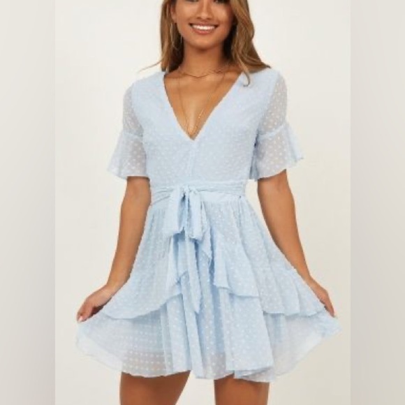 Showpo. Dresses & Skirts - ShowPo Cirilla Blue Polka Dot Mini Tie Dress Size: 6